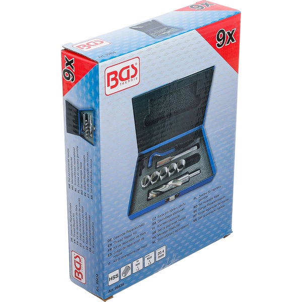 Gewindereparatur-Satz in einer blauen Metallbox mit Werkzeugen und Einsätzen zur Reparatur beschädigter Gewinde.