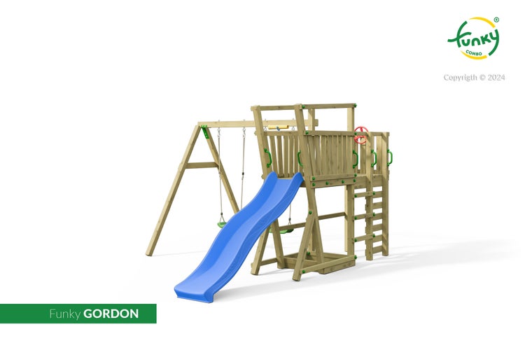 Spielturm aus Holz mit blauer Wellenrutsche, Schaukelgestell mit zwei Sitzen, Kletterleiter und Plattform.