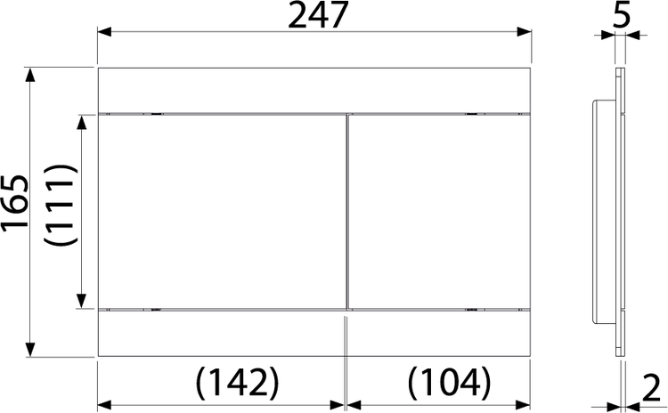 Maßzeichnung einer Betätigungsplatte für die Toilette mit Abmessungen 247 Millimeter mal 165 Millimeter.