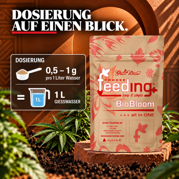 Green House Powder Feeding BioBloom Pflanzendünger 1 Kilogramm Beutel mit Dosierungsanleitung für 0,5 bis 1 Gramm pro Liter Gießwasser.