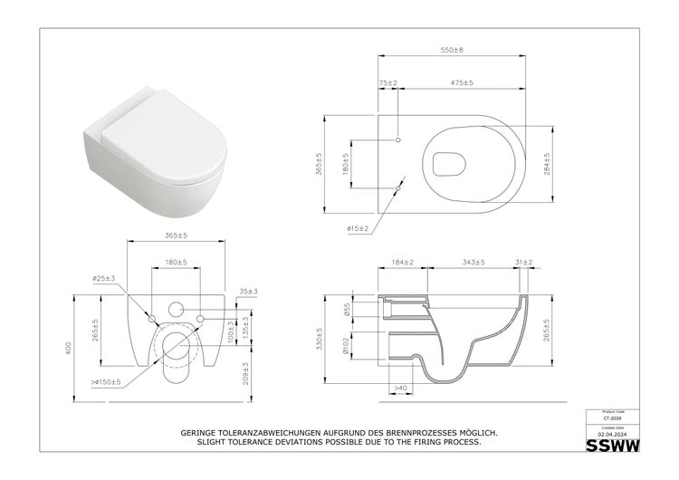 SSWW Design Hänge-WC Alpha CT-2039 – Spülrandlos – Markenkeramik – Softclose-Sitz