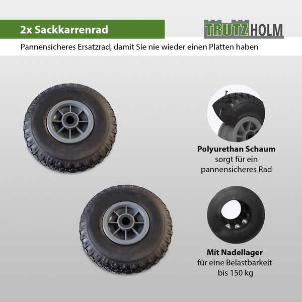 Zwei Sackkarrenräder aus Polyurethan mit Nadellager für bis zu 150 Kilogramm Belastbarkeit