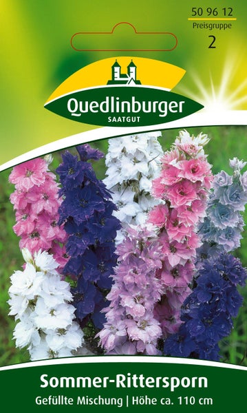 Samentüte Sommer-Rittersporn Gefüllte Mischung, Wuchshöhe circa 110 cm. Quedlinburger Logo.