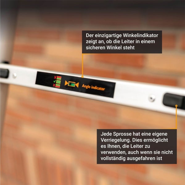 Teleskopleiter mit Winkelindikator für sicheren Stand und Einzelverriegelung jeder Sprosse für variable Arbeitshöhen.