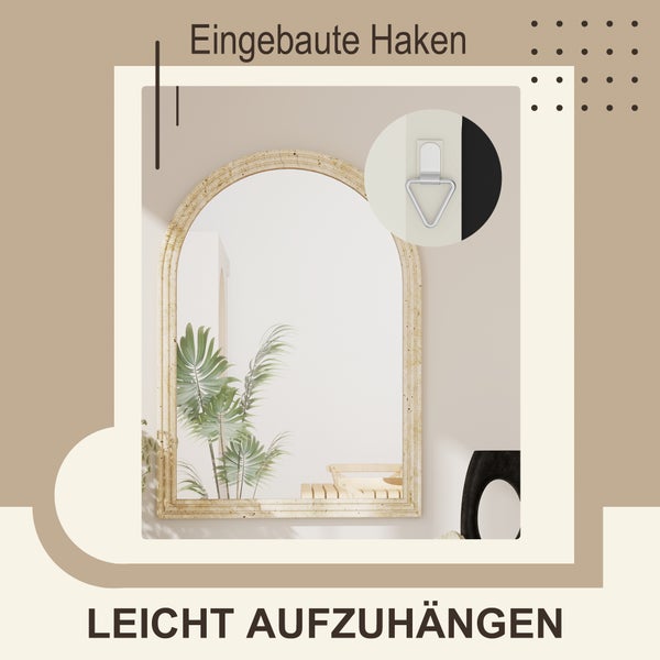 Rundbogenspiegel mit strukturiertem Rahmen und Detailansicht der eingebauten Aufhängevorrichtung für eine einfache Wandmontage.