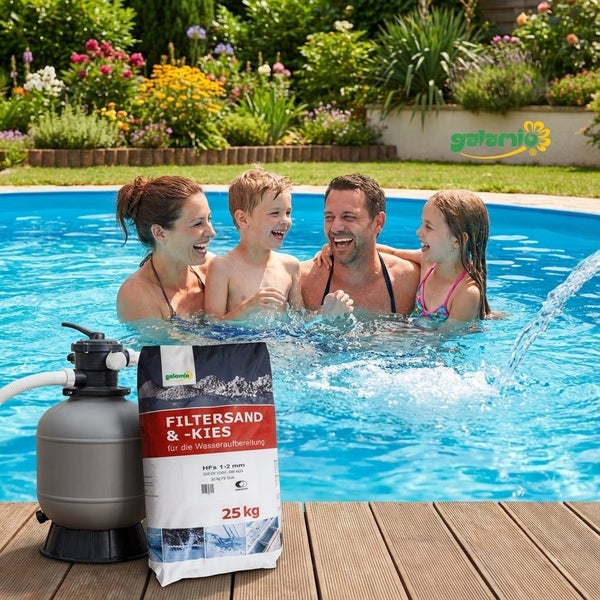 Helle Gartenszene mit Familie im Pool, Galamio Sandfilteranlage, 25 Kilogramm Sack Filtersand im Vordergrund und Galamio Logo.