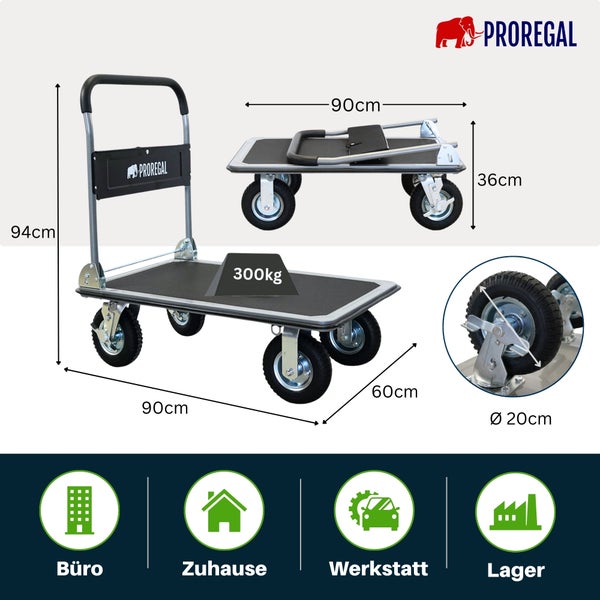 Proregal Plattformwagen, Belastbarkeit 300 Kilogramm, Maße 90 mal 60 mal 94 Zentimeter, klappbar, Rad 20 Zentimeter, Proregal Logo.