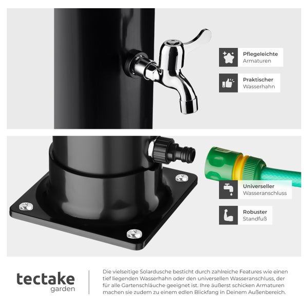 Nahaufnahme einer Solardusche mit Armaturen, Wasserhahn, universellem Wasseranschluss und robustem Standfuß