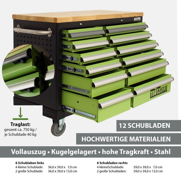 Werkbankwagen mit zwölf Schubladen aus Stahl