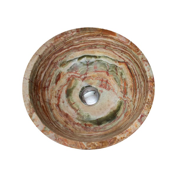 Rundes Aufsatzwaschbecken aus Onyx-Naturstein mit gemusterter Oberfläche und mittigem Abfluss.