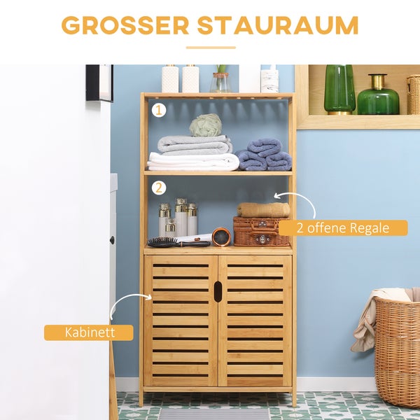 Badezimmerschrank aus Bambus mit zwei offenen Regalen und einem Schrank