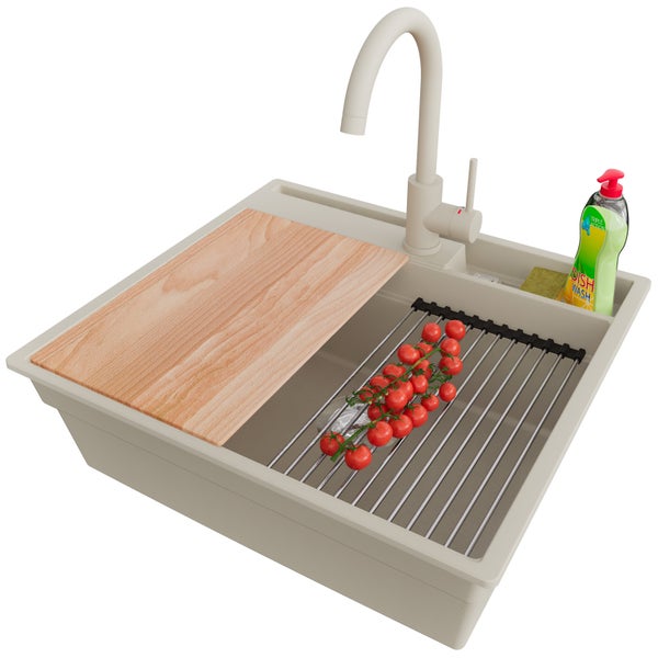 Spüle mit Schneidebrett, Abtropfgitter, Armatur und Spülmittel