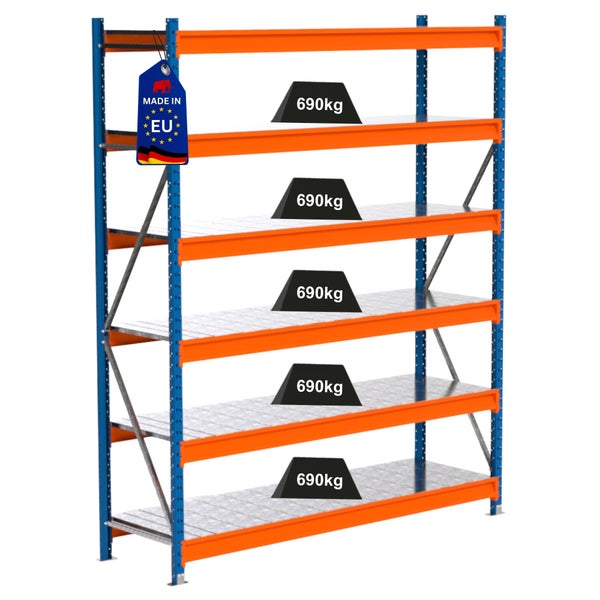 Lagerregal mit fünf Ebenen und einer Traglast von 690 Kilogramm pro Ebene. Hergestellt in der Europäischen Union.