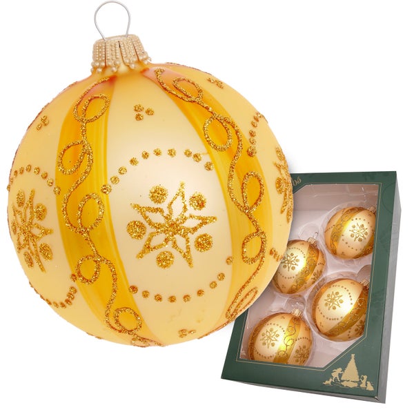 Kugel Schneeflocke & Swirls, Gold Satin, 7cm, 4 Stck., Weihnachtsbaumkugeln, Christbaumschmuck, Weihnachtsbaumanhänger