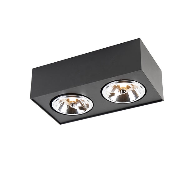 Zweiflammiger, rechteckiger Deckenstrahler aus schwarzem Metall mit flachen Reflektoren.