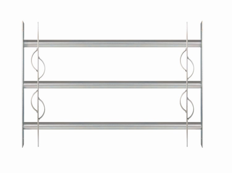 Ein Fenstergitter aus Stahl mit drei horizontalen Querstreben und zwei vertikalen Befestigungsschienen.