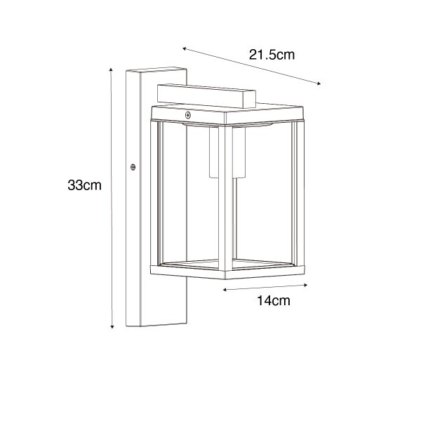 Maßzeichnung einer Außenwandleuchte mit einer Höhe von 33 Zentimeter, einer Breite von 14 Zentimeter und einer Tiefe von 21,5 Zentimeter.