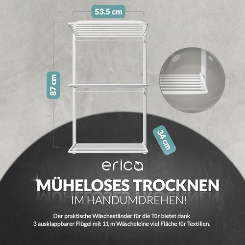Erica – praktischer weißer Wäscheständer für Tür zur platzsparenden Wäschetrocknung – 3 ausklappbare Flügel mit 11 Metern Wäscheleine bieten viel Fläche für Textilien