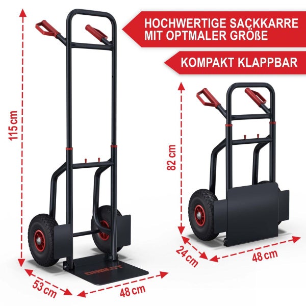 Klappbare Sackkarre aus Metall in Schwarz und Rot. Maße offen: 115 Zentimeter hoch, 53 tief. Maße geklappt: 82 Zentimeter hoch, 24 tief.