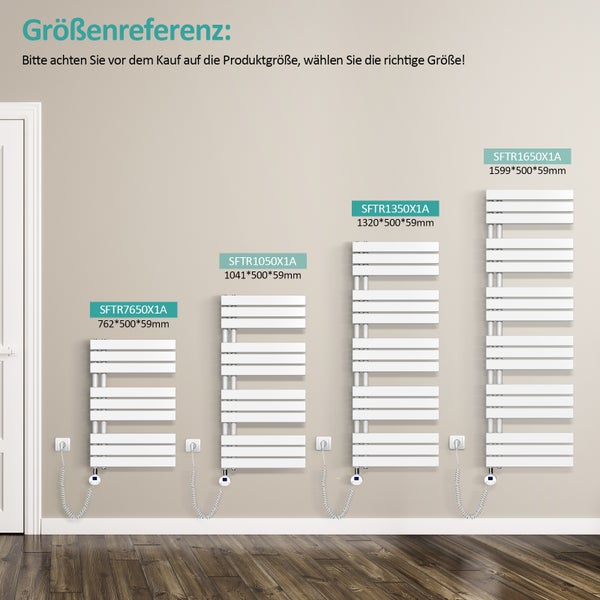 EMKE Elektrischer Badheizkörper 132x50 cm, 800 W vertikaler Flachheizkörper mit Thermostat & Timer, Handtuchwärmer,  Handtuchtrockner, Weiß, seitlich offen, für Badezimmer