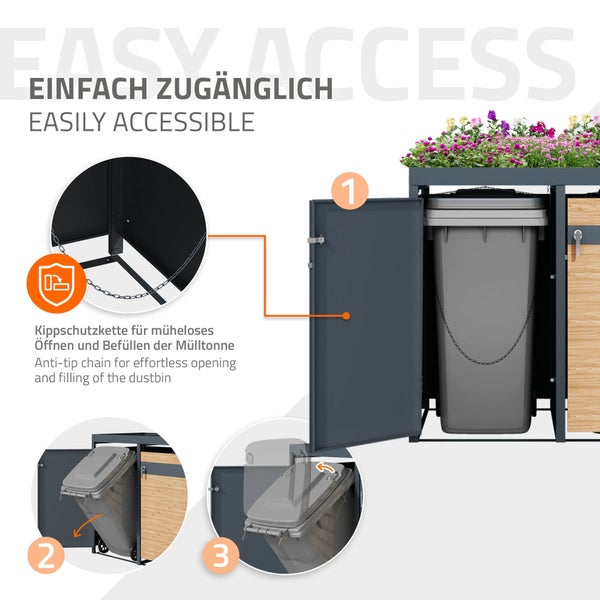 ML-Design Mülltonnenbox 2er mit Pflanzdach für 2 Tonnen, 240L 132x80x124 cm Lärchenoptik, Stahl, wetterfest, Abschließbare Mülltonnenverkleidung mit Tür, Müllbox Mülltonnecontainer Mülltonnenabdeckung