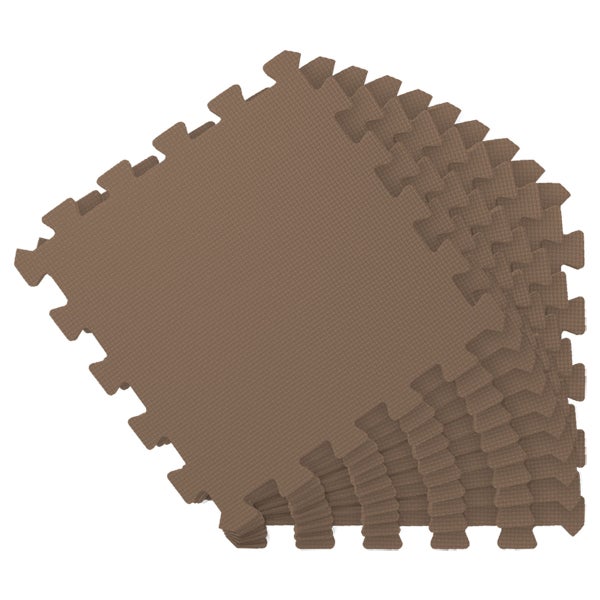 Braune Schaumstoff-Puzzlematten im Set, ineinandergreifende Bodenmatten mit strukturierter Oberfläche.