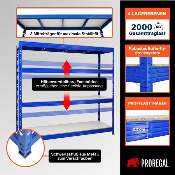 Proregal Schwerlastregal mit 4 Ebenen, 2000 Kilogramm Traglast, 3 Mittelträgern, verstellbaren Böden, Stecksystem und verschraubbaren Metallfüßen.