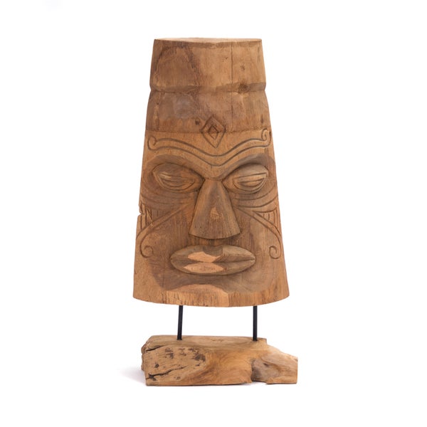 Skulptur Tiki Maske 40 cm, Massivholz geschnitzt, mit Sockel naturfarben
