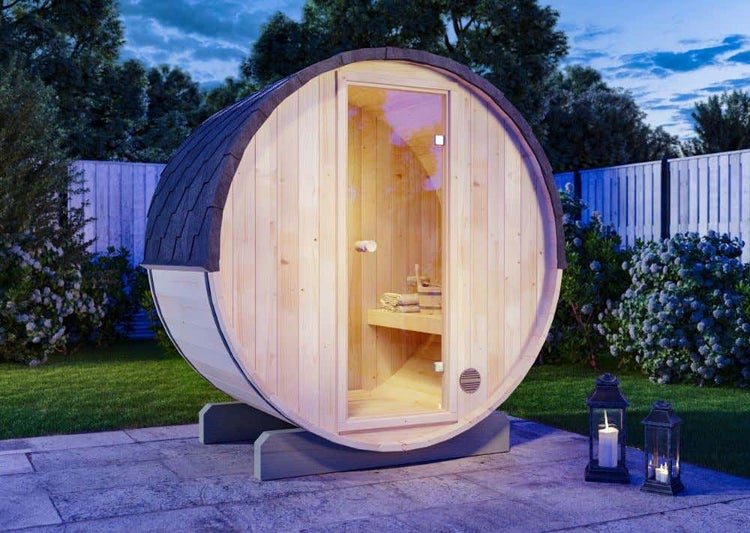 FinnTherm Fasssauna Mini XXS Fasssauna 3 Sitzbänke aus Holz, Sauna mit 42 mm Wandstärke, Außensauna mit Montagematerial