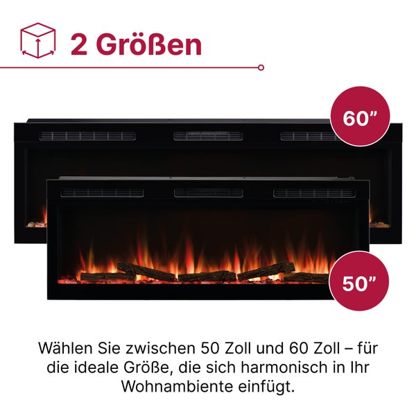 Elektrischer Kamin in zwei Größen, 50 Zoll und 60 Zoll, mit schwarzem Rahmen und realistischem Flammeneffekt mit Holzscheiten.