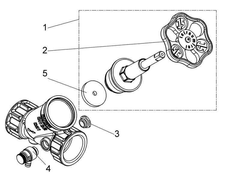 Technische Zeichnung eines Schrägsitzventils in Explosionsdarstellung mit nummerierten Einzelteilen wie Handrad, Spindel und Gehäuse.