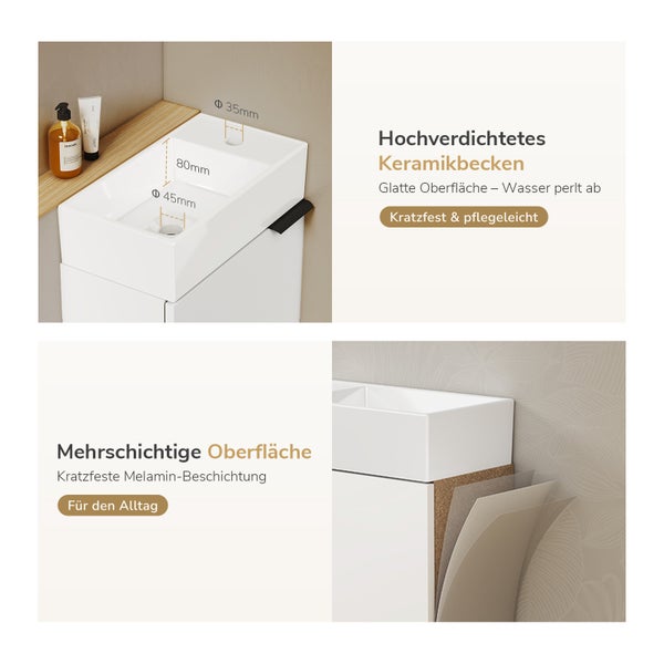 Produktmerkmale eines Waschtischs mit Keramikbecken und melaminbeschichtetem Unterschrank inklusive technischer Maße und Materialhinweisen.