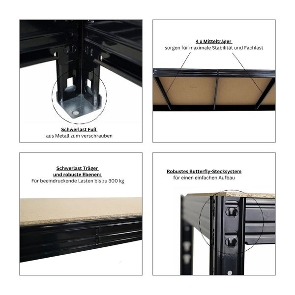 PROREGAL Mega Deal 4X Werkbank Tiger | 300 kg pro Fachboden | HxBxT 90x140x60cm | Schwarz