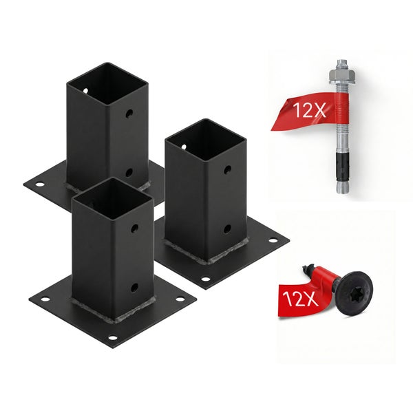 Drei schwarze Pfostenträger aus Metall mit zwölf Bolzenankern und zwölf Schrauben.