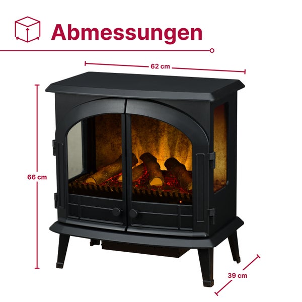 Elektrischer Kaminofen mit Maßangaben: Breite 62 Zentimeter, Höhe 66 Zentimeter und Tiefe 39 Zentimeter.