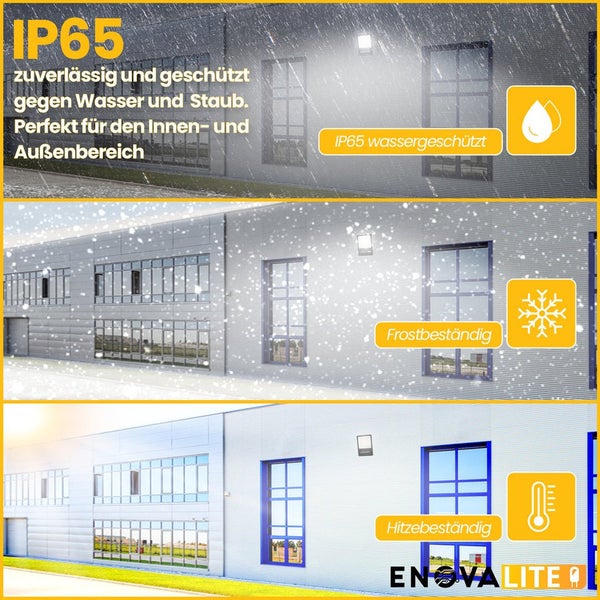 Abbildung eines Gebäudes mit Symbolen für Wassergeschützt gemäß IP65, Frostbeständigkeit und Hitzebeständigkeit