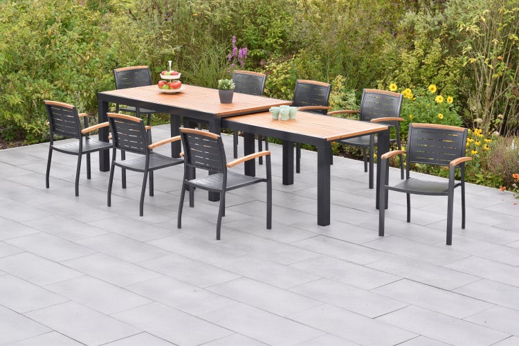 Tinos Gartenmöbel Set 7tlg., 6 Stapelsessel, Flex Ausziehtisch 180 (300) x 100 cm