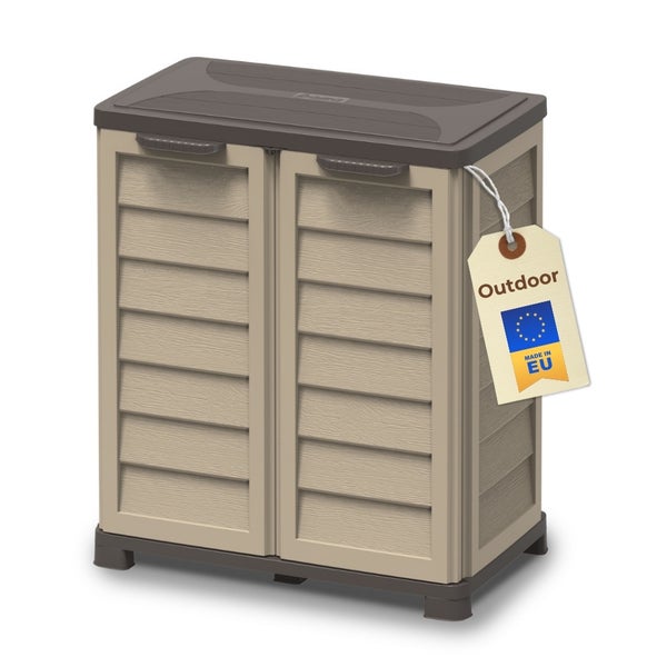 Kunststoff Gartenschrank mit zwei Türen und Outdoor Etikett
