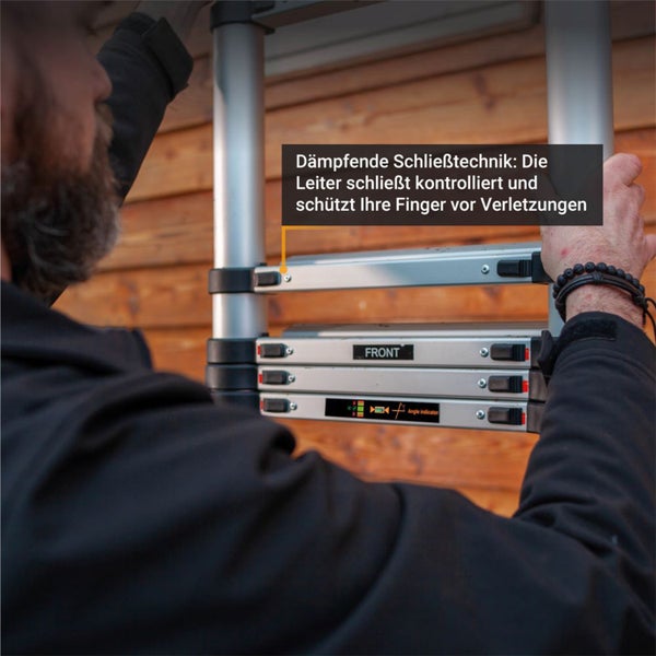 Aluminium-Teleskopleiter mit dämpfender Schließtechnik zum Schutz der Finger vor Verletzungen und Anzeige für den Aufstellwinkel.