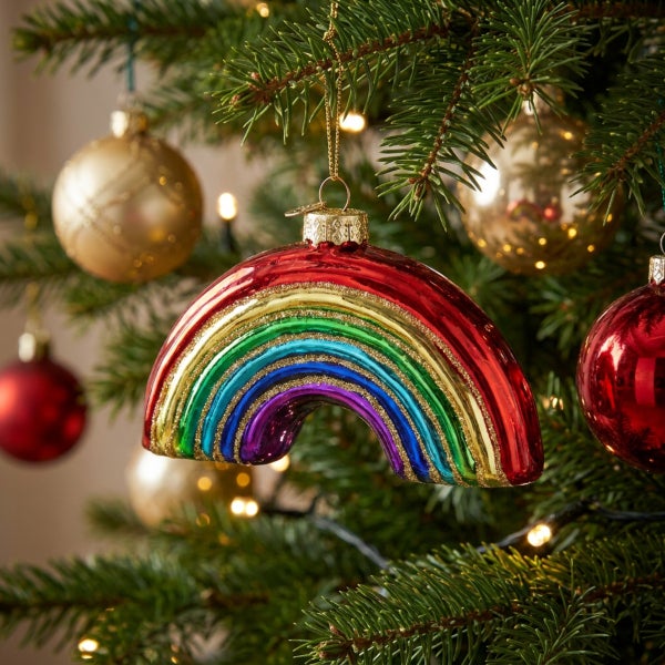 Weihnachtsbaumschmuck Regenbogen aus Glas hängend an einem Tannenbaum mit weiteren Weihnachtskugeln