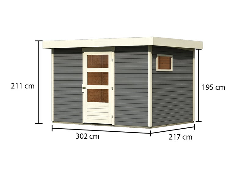 Modernes Gartenhaus aus Holz mit Pultdach, Glastür und Fenster. Maße: Breite 302 Zentimeter, Tiefe 217 Zentimeter, Gesamthöhe 211 Zentimeter.