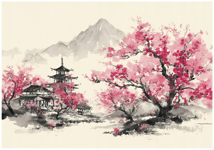 Fototapete mit japanischer Landschaft, Kirschblüten, Tempel und Gebirge im Stil einer Tuschemalerei