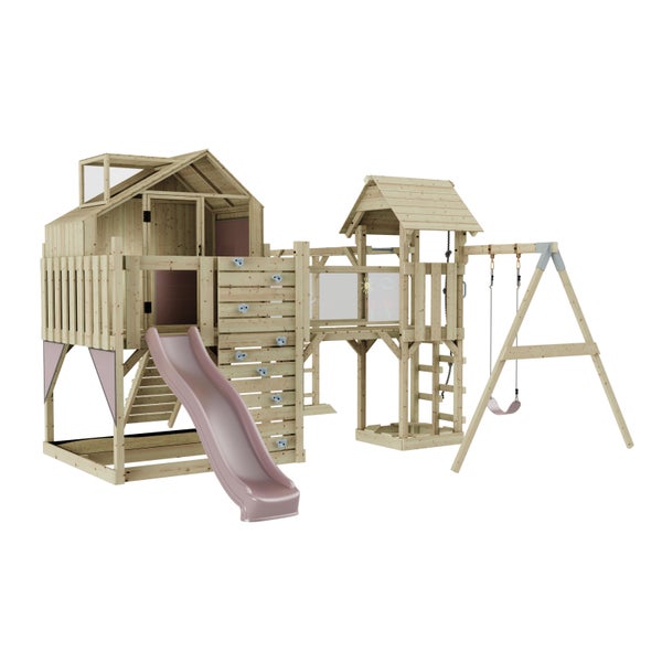 Spielanlage aus Holz mit Rutsche, Schaukel und Kletterwand für den Außenbereich