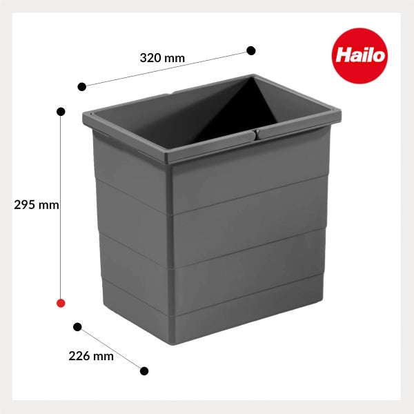 Hailo Abfallbehälter aus grauem Kunststoff mit den Maßen 320 Millimeter Breite, 226 Millimeter Tiefe und 295 Millimeter Höhe. Hailo Logo.