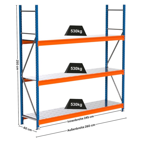 Lagerregal mit drei Ebenen und Gewichtsangabe 530 Kilogramm pro Ebene, Abmessungen sind dargestellt