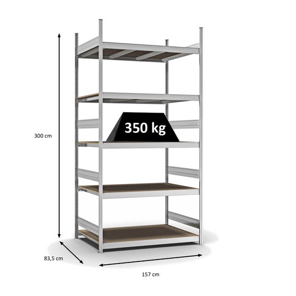 PROREGAL Weitspannregal Stecksystem T-Profil Grundregal HxBxT 300x150x80 cm 5 Ebenen Spanplatten Fachboden Fachlast 350 kg Verzinkt