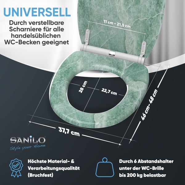 Sanilo WC-Sitz mit verstellbaren Scharnieren und Marmoroptik inklusive Maßangaben zur universellen Passform.