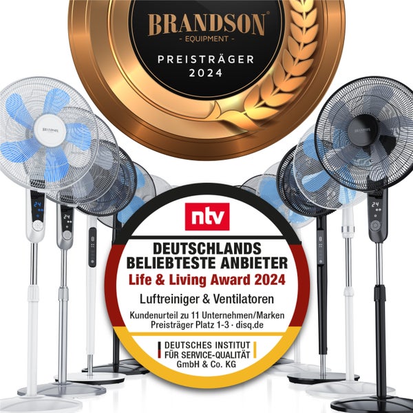 Brandson Standventilator DC Motor mit Fernbedienung + LED Display, Oszillation, Ventilator leise, Höhe verstellbar, energiesparend, Weiß