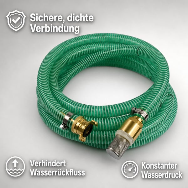 Saugschlauch mit Messinganschluss und Rückschlagventil für Pumpen, sorgt für dichte Verbindungen und konstanten Wasserdruck.