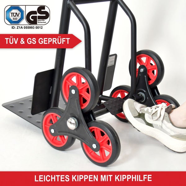 Treppensteiger-Sackkarre mit Kipphilfe zum einfachen Ankippen mit dem Fuß. TÜV SÜD Logo und Geprüfte Sicherheit Siegel.